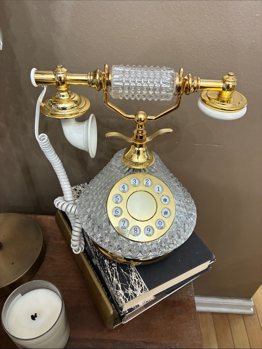 Godinger Crystal and Gold Rotary Telephone - Gold/White